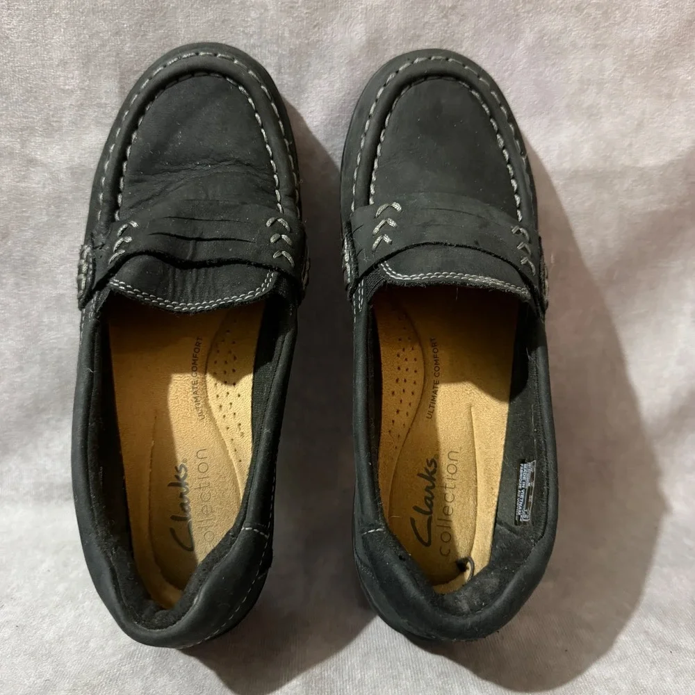 Clarks Collection Loafers Womens 5 Black Good Nubuck Leather Slip On Comfort